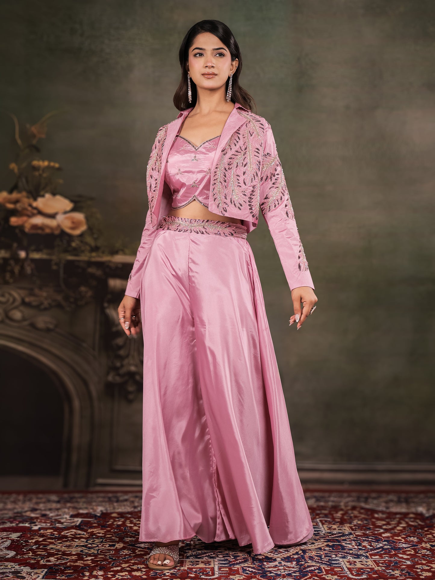 Rose Pink Satin Co-Ord Set with Embroidered Crop Top, Designer Jacket & Wide-Leg Palazzo