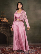 Rose Pink Satin Co-Ord Set with Embroidered Crop Top, Designer Jacket & Wide-Leg Palazzo