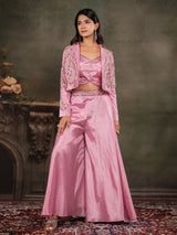 Rose Pink Satin Co-Ord Set with Embroidered Crop Top, Designer Jacket & Wide-Leg Palazzo