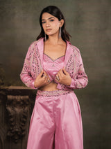 Rose Pink Satin Co-Ord Set with Embroidered Crop Top, Designer Jacket & Wide-Leg Palazzo