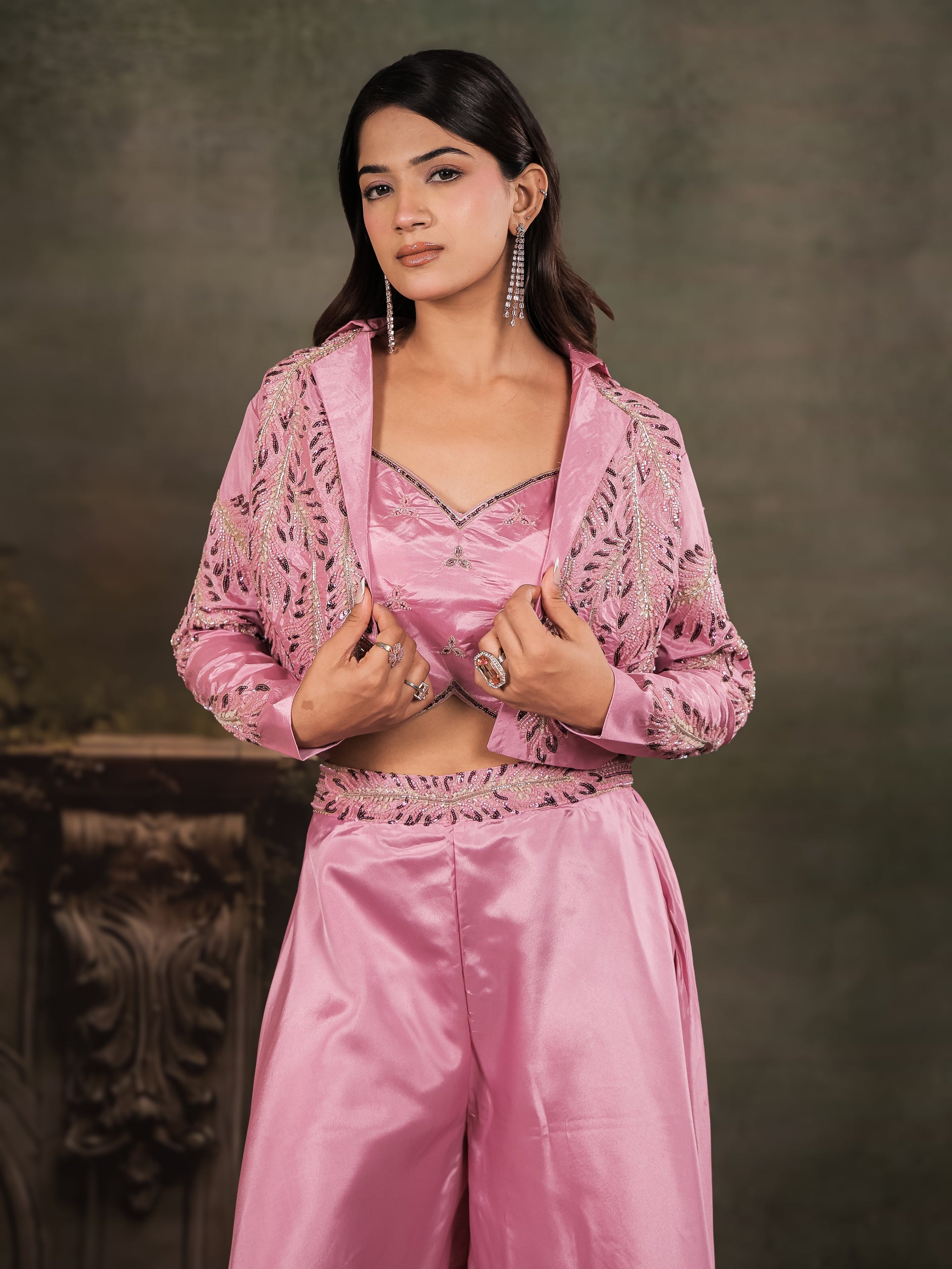 Rose Pink Satin Co-Ord Set with Embroidered Crop Top, Designer Jacket & Wide-Leg Palazzo