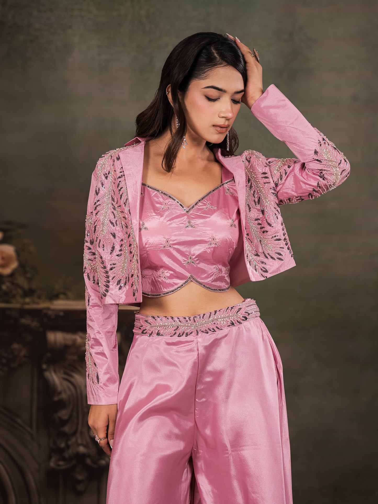 Rose Pink Satin Co-Ord Set with Embroidered Crop Top, Designer Jacket & Wide-Leg Palazzo