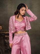 Rose Pink Satin Co-Ord Set with Embroidered Crop Top, Designer Jacket & Wide-Leg Palazzo