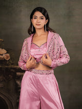 Rose Pink Satin Co-Ord Set with Embroidered Crop Top, Designer Jacket & Wide-Leg Palazzo