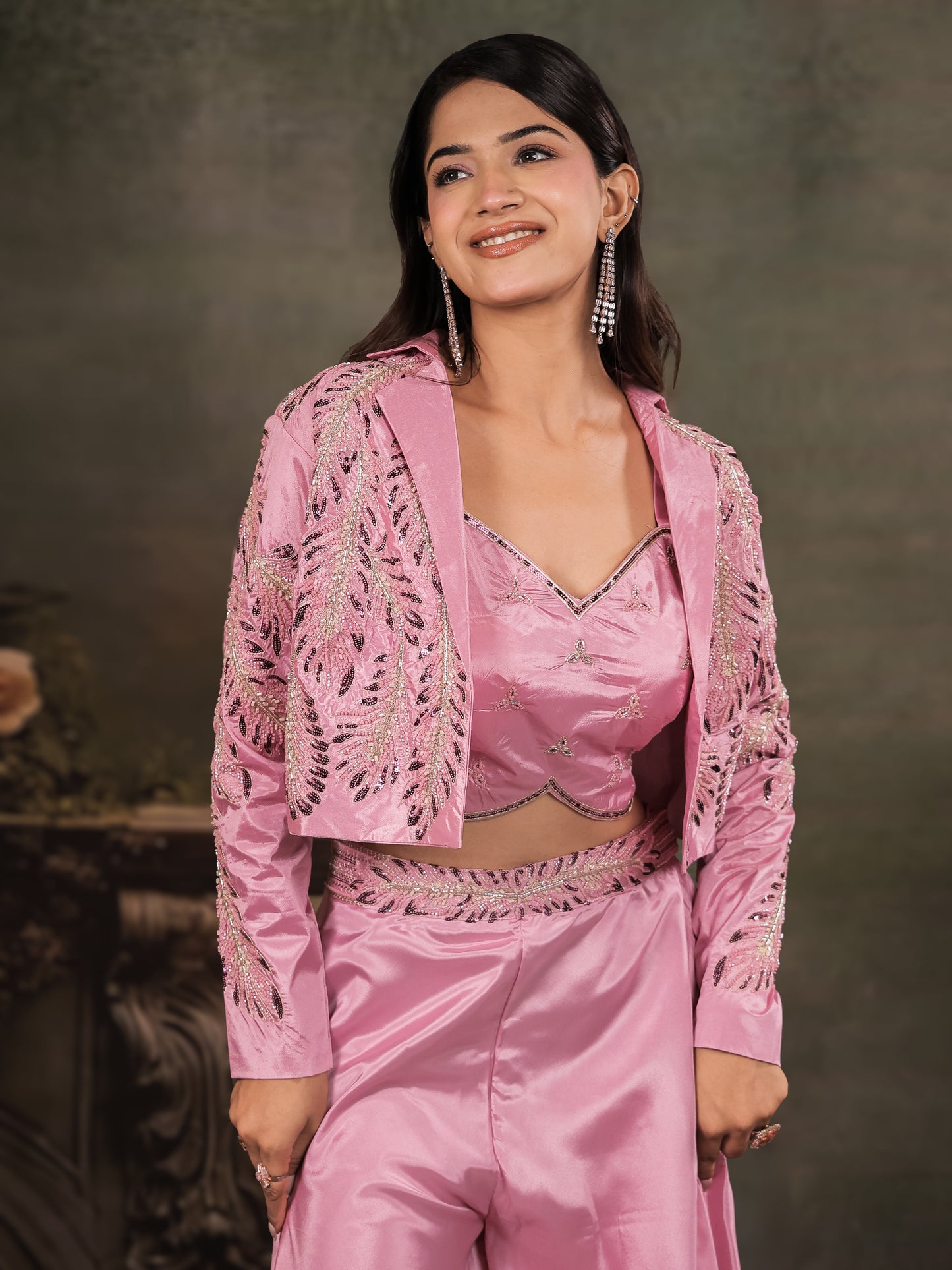 Rose Pink Satin Co-Ord Set with Embroidered Crop Top, Designer Jacket & Wide-Leg Palazzo