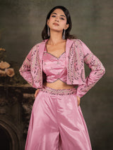 Rose Pink Satin Co-Ord Set with Embroidered Crop Top, Designer Jacket & Wide-Leg Palazzo