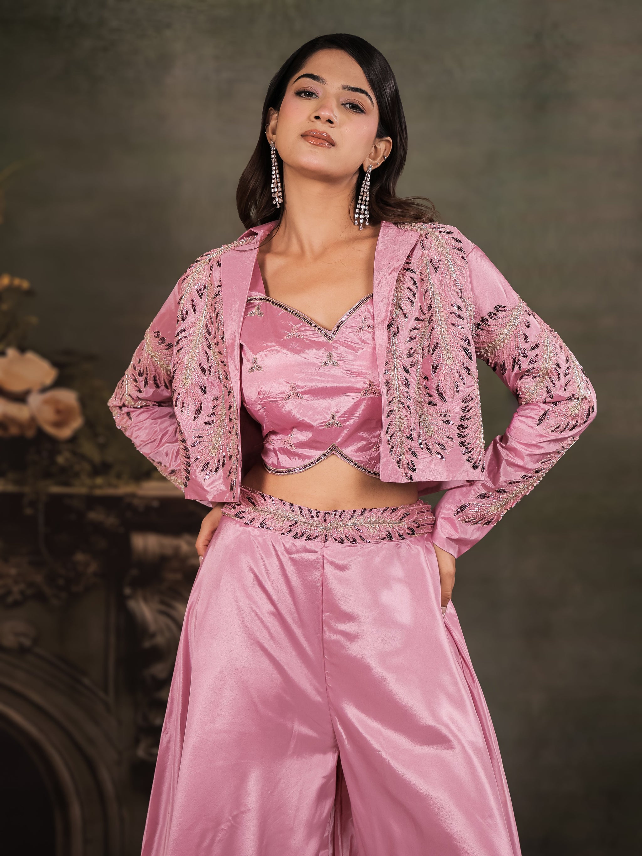 Rose Pink Satin Co-Ord Set with Embroidered Crop Top, Designer Jacket & Wide-Leg Palazzo