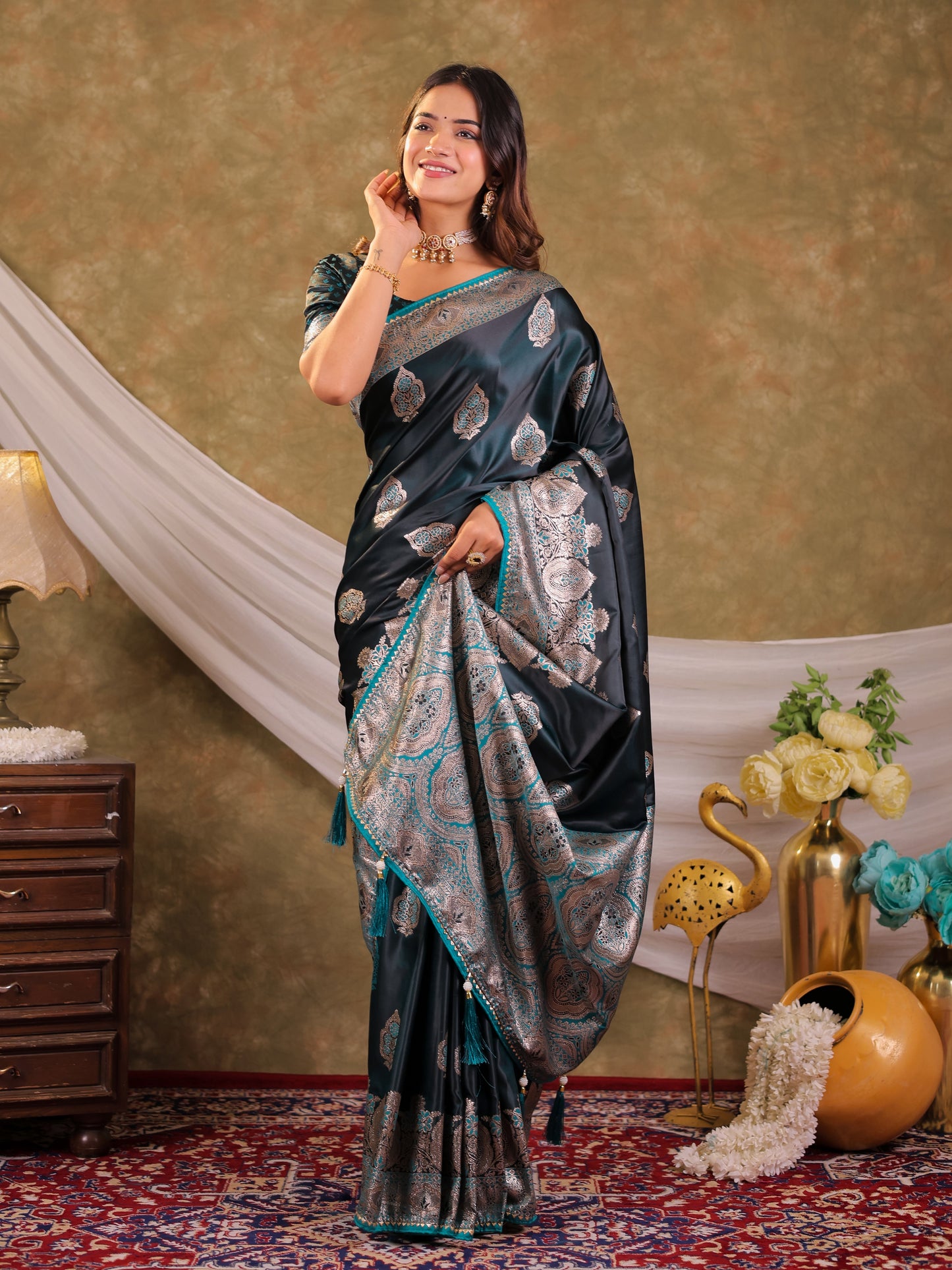Dark Teal Green Kanjivaram Banarasi Satin Silk Saree with Rich Silver Zari Weaving, Royal Heritage Pallu & Tassel Detailing