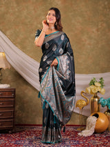 Dark Teal Green Kanjivaram Banarasi Satin Silk Saree with Rich Silver Zari Weaving, Royal Heritage Pallu & Tassel Detailing