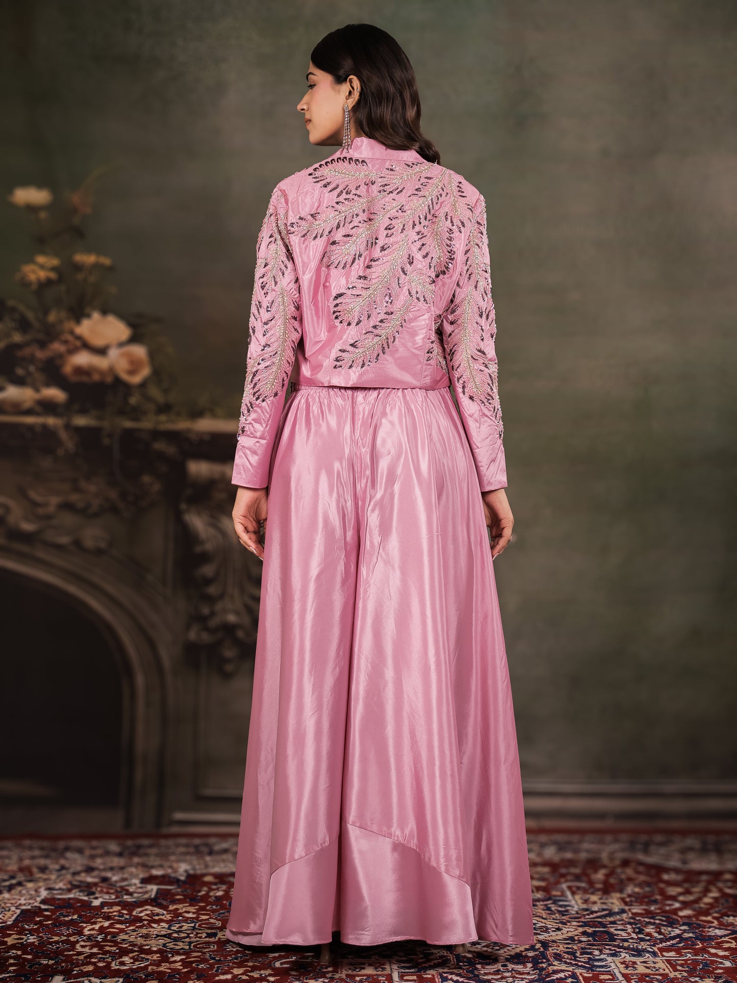 Rose Pink Satin Co-Ord Set with Embroidered Crop Top, Designer Jacket & Wide-Leg Palazzo