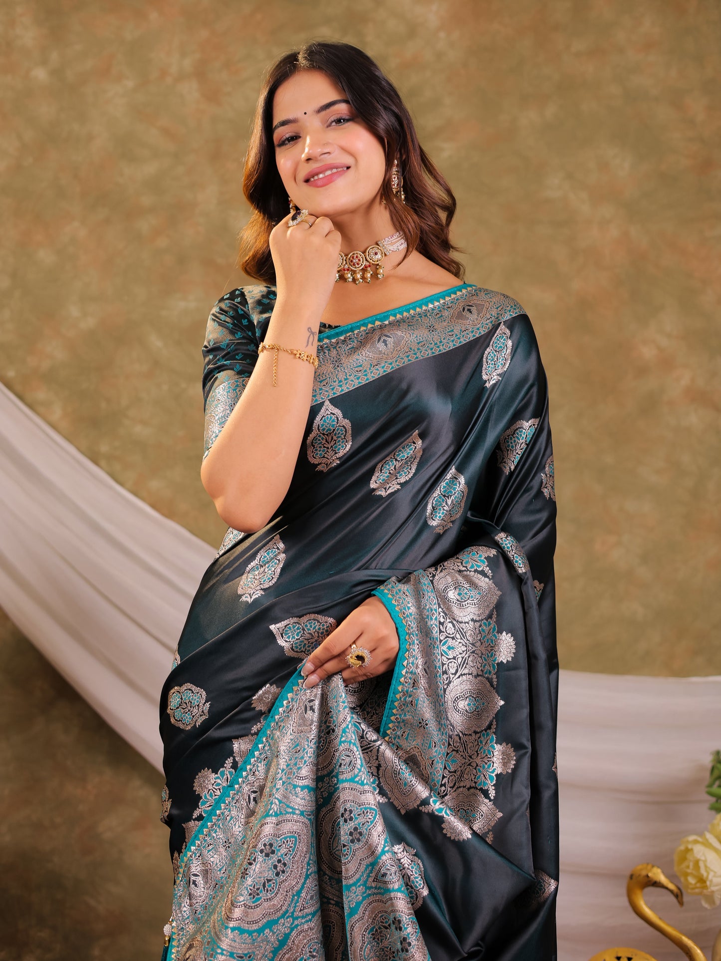 Dark Teal Green Kanjivaram Banarasi Satin Silk Saree with Rich Silver Zari Weaving, Royal Heritage Pallu & Tassel Detailing