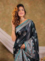 Dark Teal Green Kanjivaram Banarasi Satin Silk Saree with Rich Silver Zari Weaving, Royal Heritage Pallu & Tassel Detailing