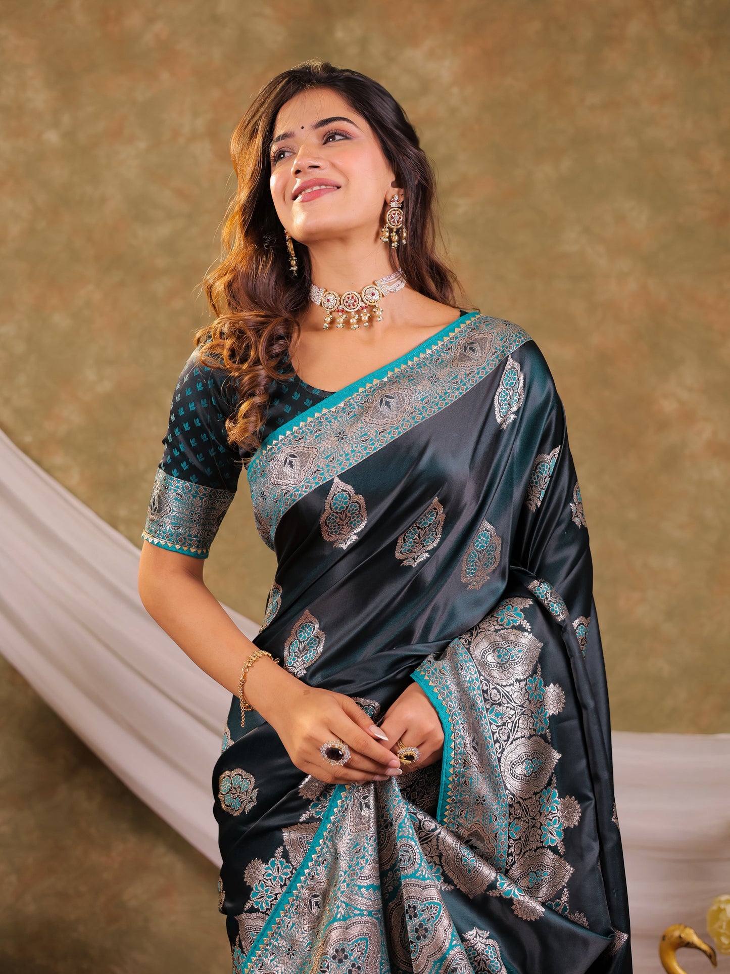 Dark Teal Green Kanjivaram Banarasi Satin Silk Saree with Rich Silver Zari Weaving, Royal Heritage Pallu & Tassel Detailing