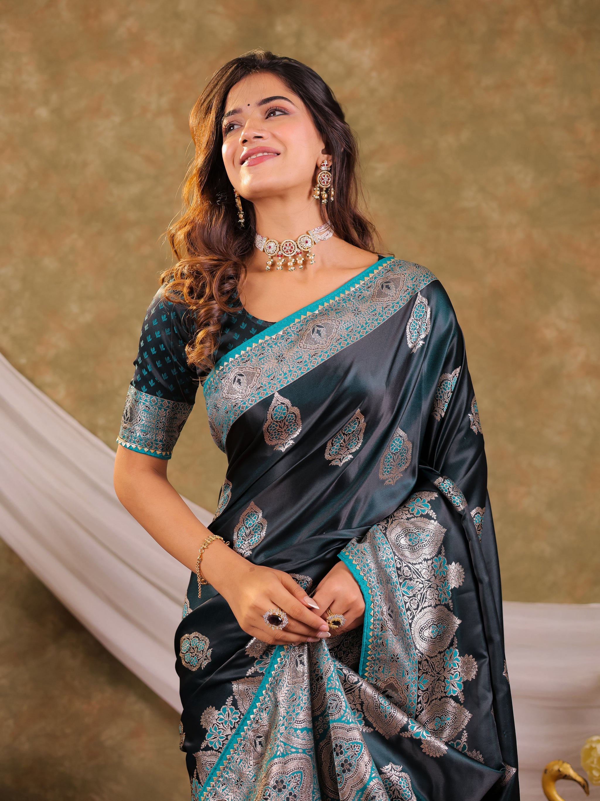 Dark Teal Green Kanjivaram Banarasi Satin Silk Saree with Rich Silver Zari Weaving, Royal Heritage Pallu & Tassel Detailing