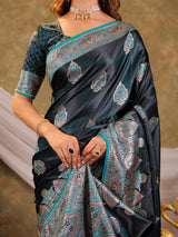 Dark Teal Green Kanjivaram Banarasi Satin Silk Saree with Rich Silver Zari Weaving, Royal Heritage Pallu & Tassel Detailing