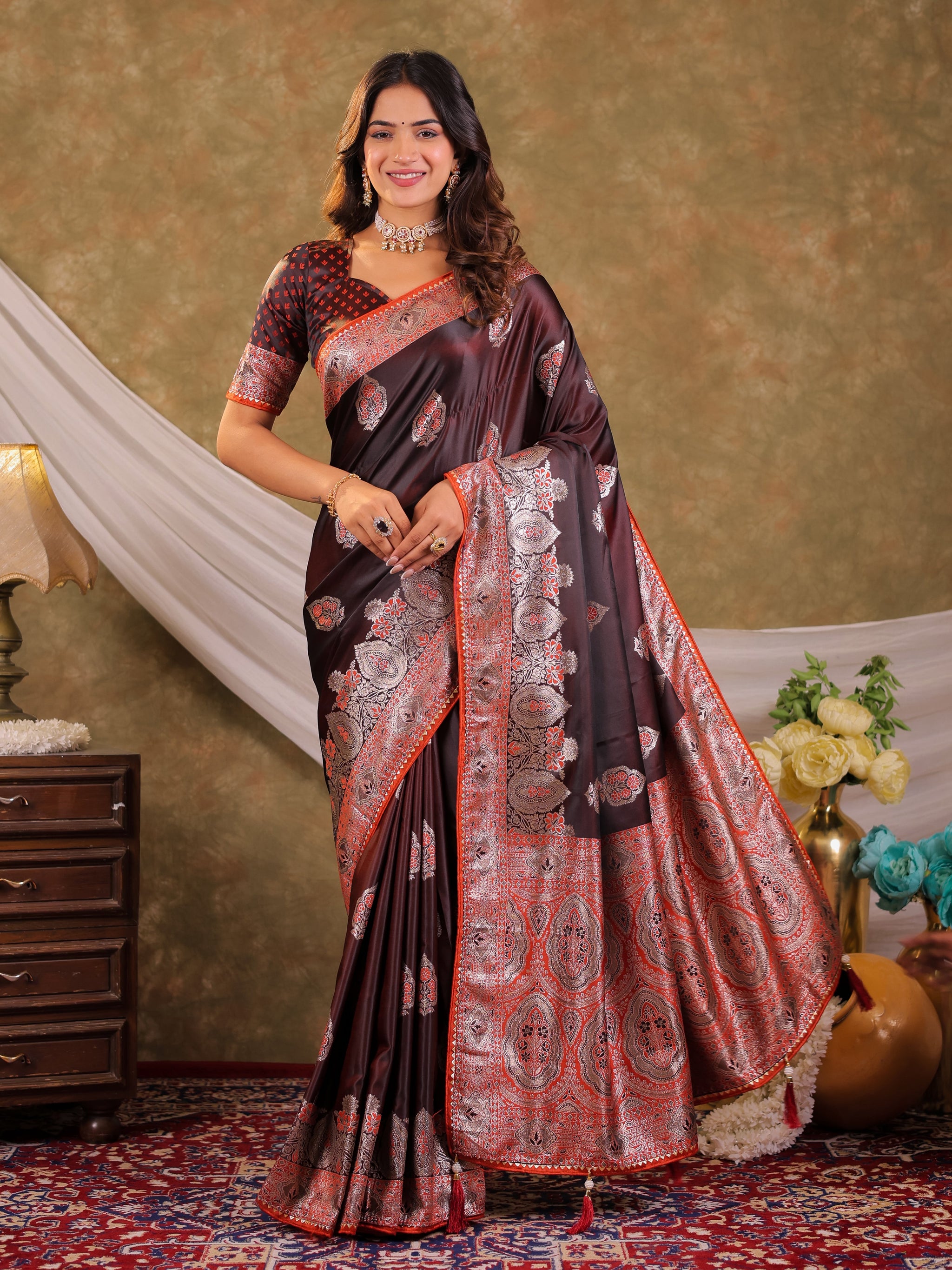 Chocolate Brown Kanjivaram Banarasi Satin Silk Saree with Rich Silver Zari Weaving, Royal Heritage Pallu & Tassel Detailing