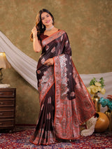 Chocolate Brown Kanjivaram Banarasi Satin Silk Saree with Rich Silver Zari Weaving, Royal Heritage Pallu & Tassel Detailing