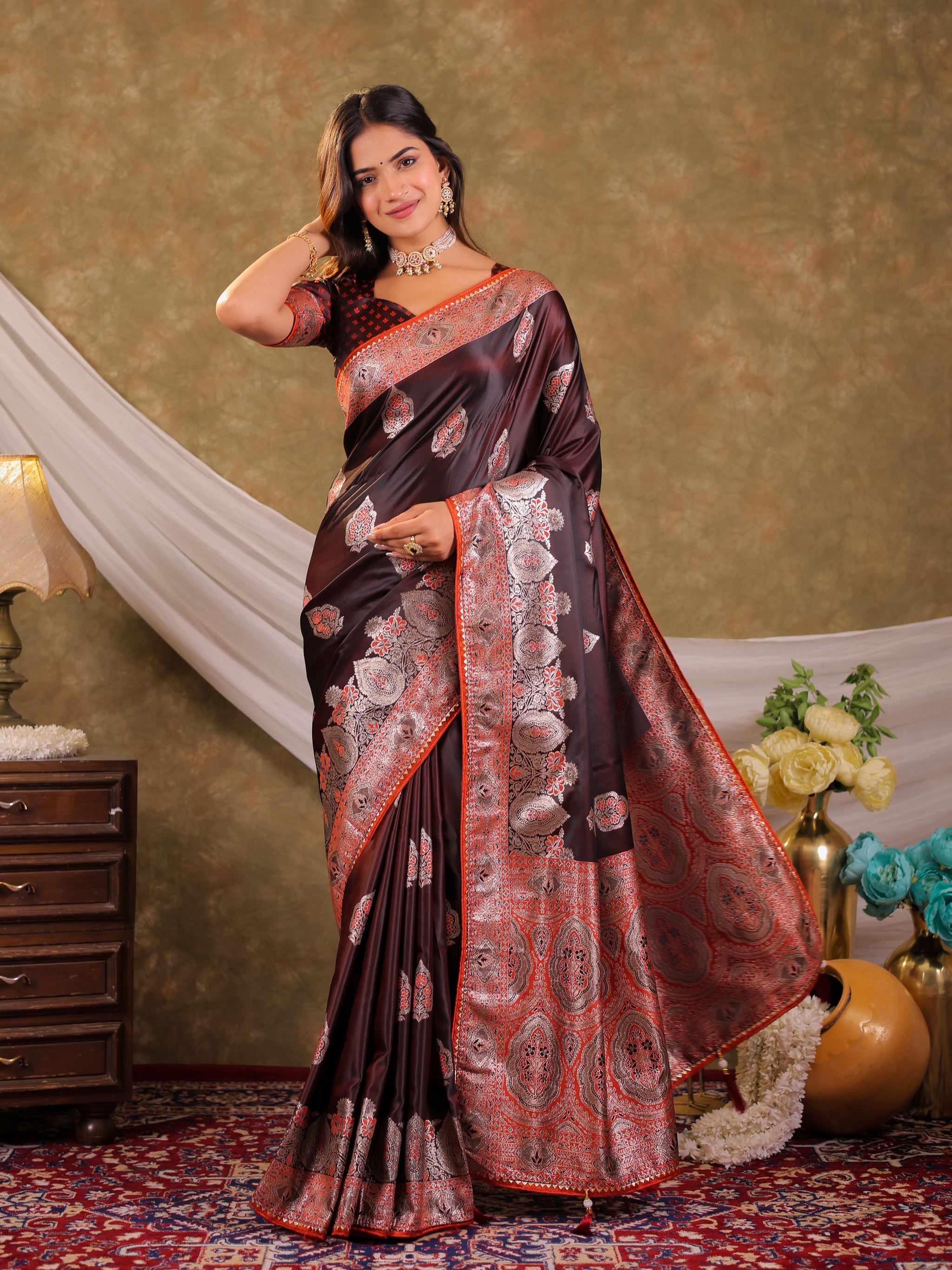 Chocolate Brown Kanjivaram Banarasi Satin Silk Saree with Rich Silver Zari Weaving, Royal Heritage Pallu & Tassel Detailing