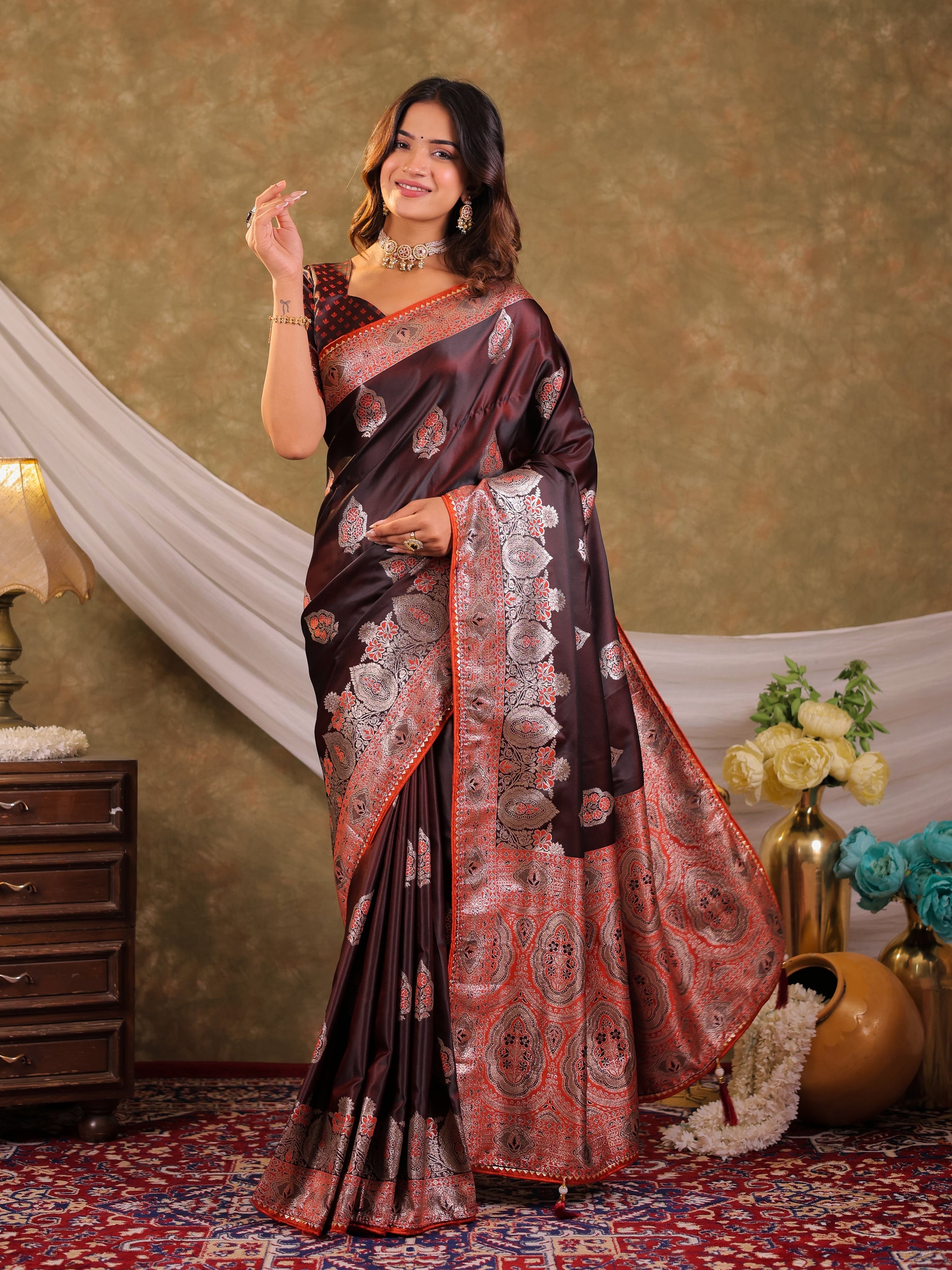 Chocolate Brown Kanjivaram Banarasi Satin Silk Saree with Rich Silver Zari Weaving, Royal Heritage Pallu & Tassel Detailing