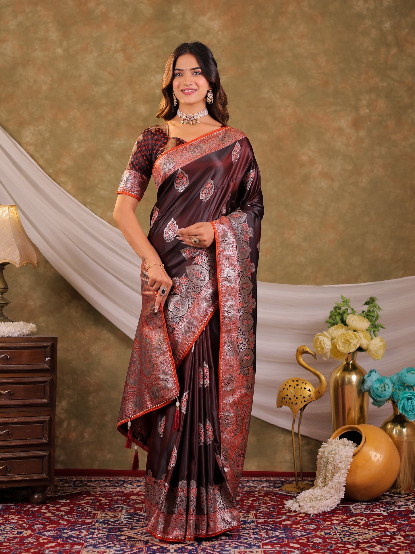 Chocolate Brown Kanjivaram Banarasi Satin Silk Saree with Rich Silver Zari Weaving, Royal Heritage Pallu & Tassel Detailing