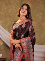Chocolate Brown Kanjivaram Banarasi Satin Silk Saree with Rich Silver Zari Weaving, Royal Heritage Pallu & Tassel Detailing