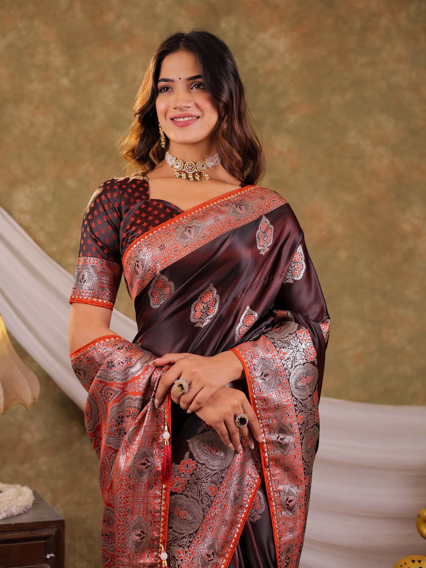 Chocolate Brown Kanjivaram Banarasi Satin Silk Saree with Rich Silver Zari Weaving, Royal Heritage Pallu & Tassel Detailing