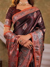 Chocolate Brown Kanjivaram Banarasi Satin Silk Saree with Rich Silver Zari Weaving, Royal Heritage Pallu & Tassel Detailing