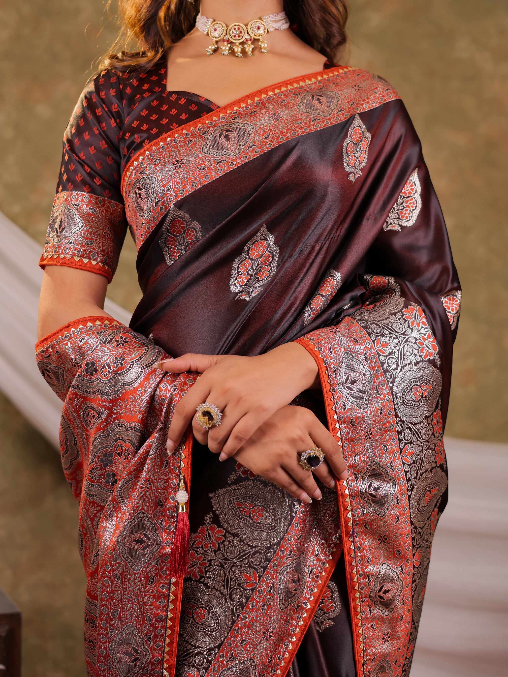 Chocolate Brown Kanjivaram Banarasi Satin Silk Saree with Rich Silver Zari Weaving, Royal Heritage Pallu & Tassel Detailing