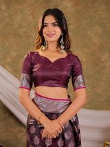 Wine Purple Kanjivaram Banarasi Satin Silk Saree with Intricate Silver Zari Weaving, Royal Heritage Pallu & Tassel Detailing