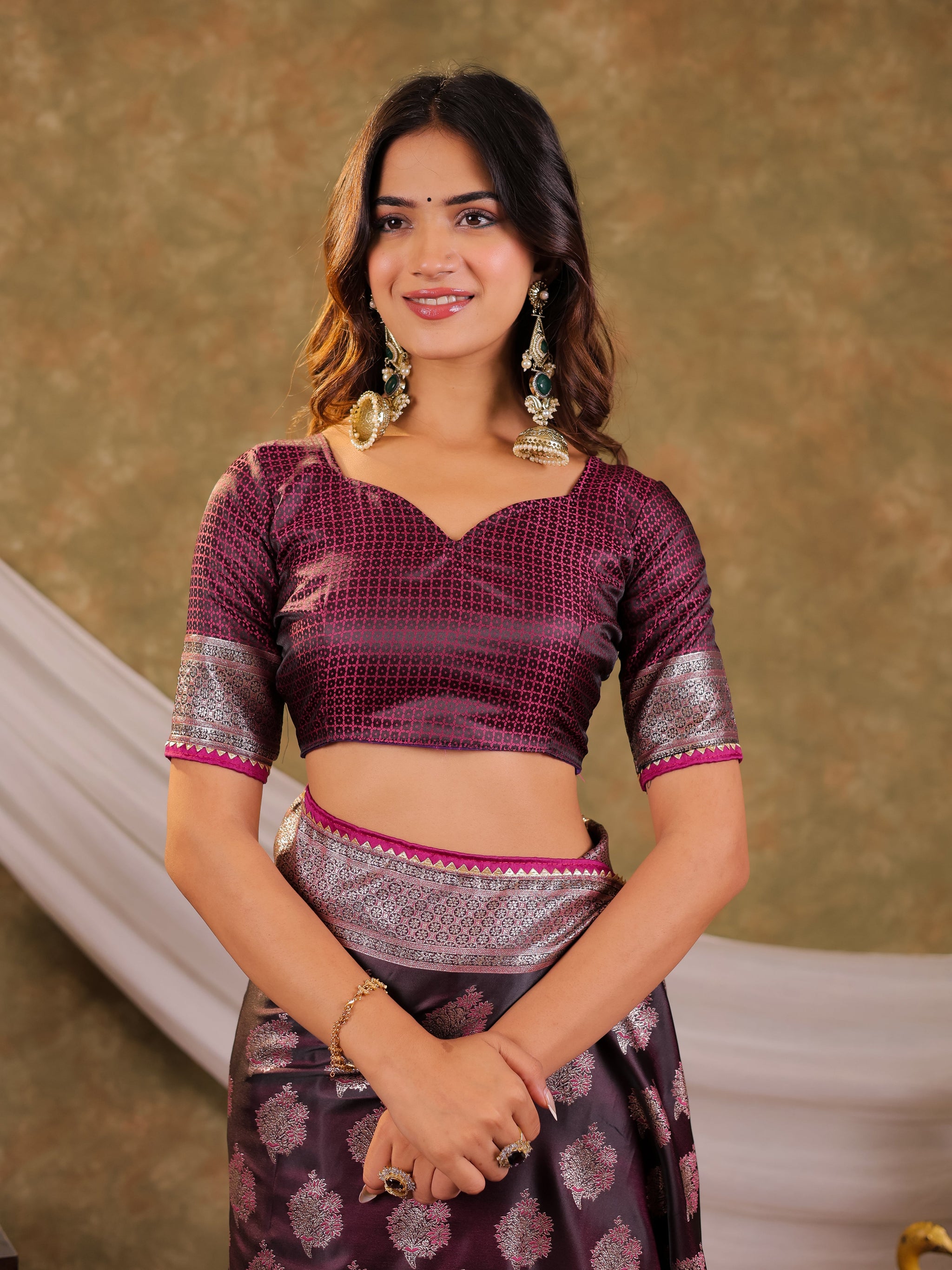 Wine Purple Kanjivaram Banarasi Satin Silk Saree with Intricate Silver Zari Weaving, Royal Heritage Pallu & Tassel Detailing
