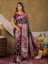 Wine Purple Kanjivaram Banarasi Satin Silk Saree with Intricate Silver Zari Weaving, Royal Heritage Pallu & Tassel Detailing