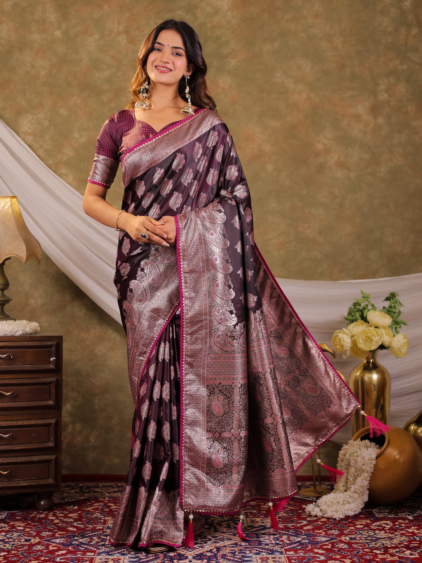 Wine Purple Kanjivaram Banarasi Satin Silk Saree with Intricate Silver Zari Weaving, Royal Heritage Pallu & Tassel Detailing