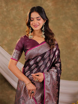 Wine Purple Kanjivaram Banarasi Satin Silk Saree with Intricate Silver Zari Weaving, Royal Heritage Pallu & Tassel Detailing