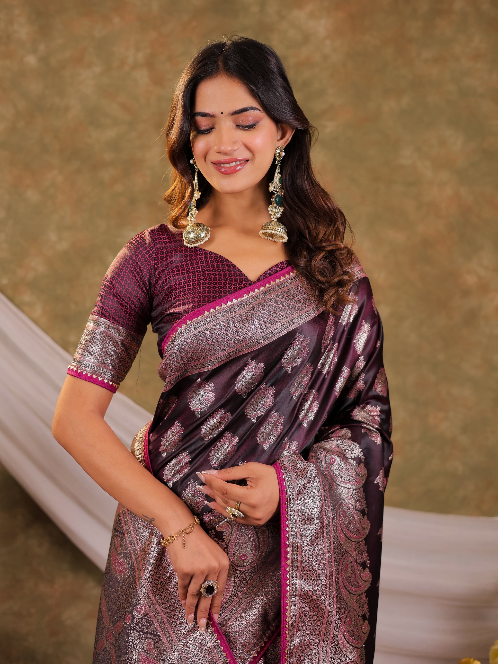 Wine Purple Kanjivaram Banarasi Satin Silk Saree with Intricate Silver Zari Weaving, Royal Heritage Pallu & Tassel Detailing