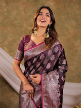 Wine Purple Kanjivaram Banarasi Satin Silk Saree with Intricate Silver Zari Weaving, Royal Heritage Pallu & Tassel Detailing