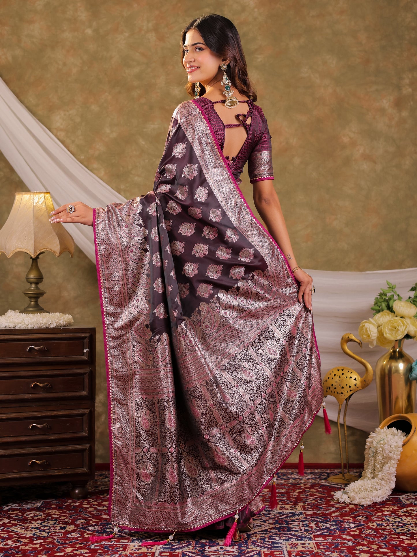 Wine Purple Kanjivaram Banarasi Satin Silk Saree with Intricate Silver Zari Weaving, Royal Heritage Pallu & Tassel Detailing