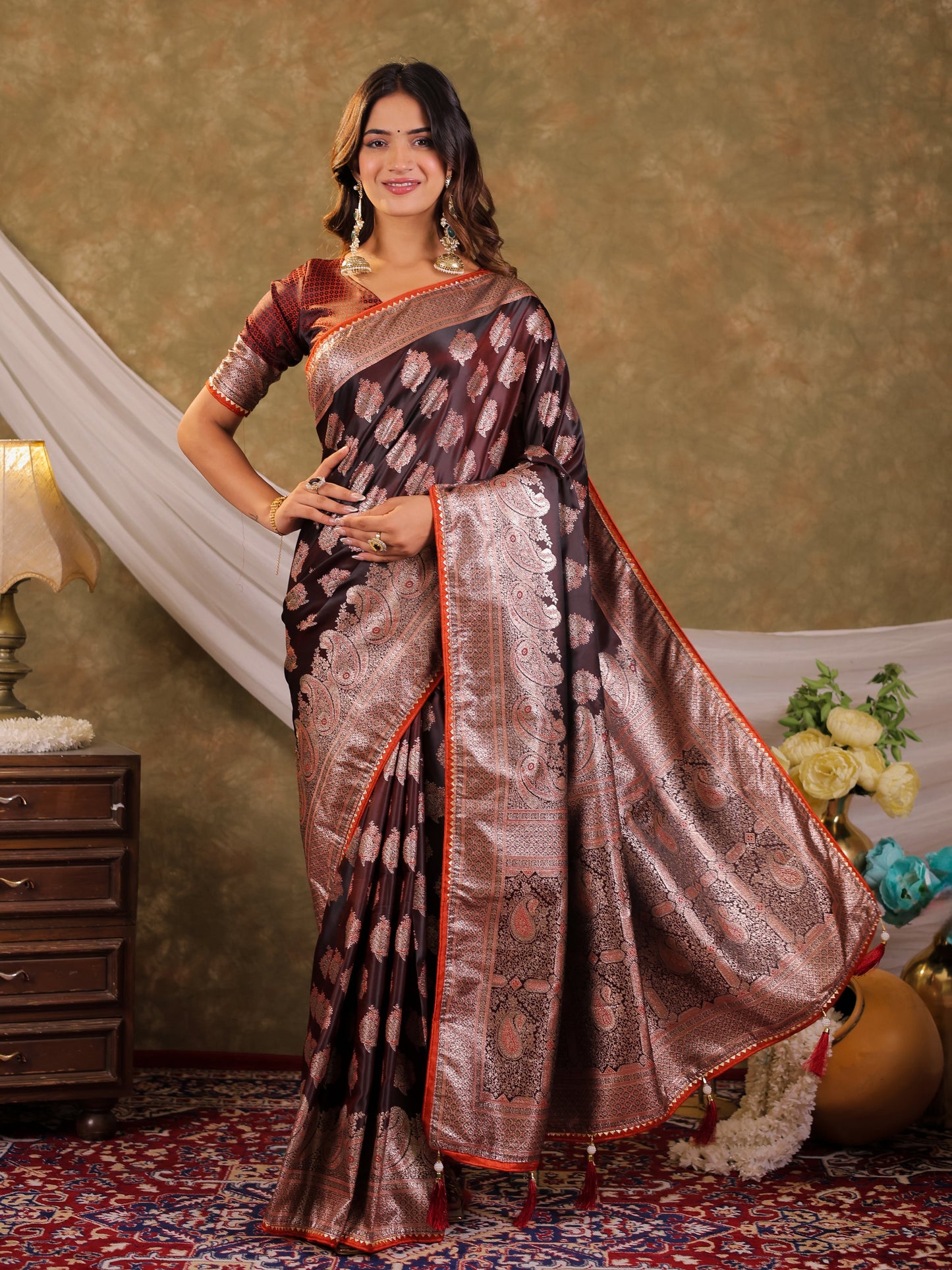 Chocolate Brown Kanjivaram Banarasi Satin Silk Saree with Intricate Silver Zari Weaving, Royal Heritage Pallu & Tassel Detailing