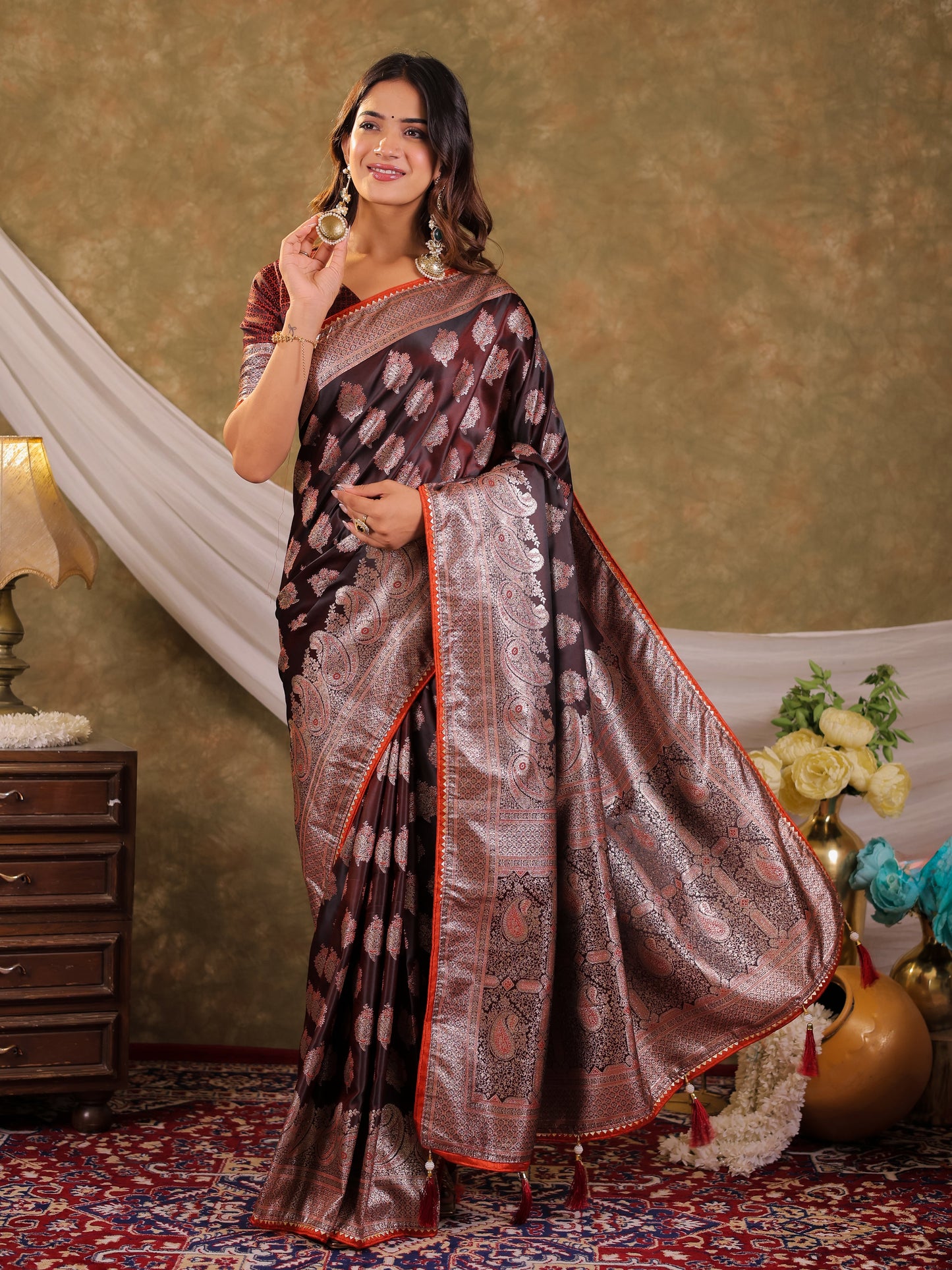 Chocolate Brown Kanjivaram Banarasi Satin Silk Saree with Intricate Silver Zari Weaving, Royal Heritage Pallu & Tassel Detailing