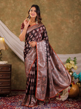 Chocolate Brown Kanjivaram Banarasi Satin Silk Saree with Intricate Silver Zari Weaving, Royal Heritage Pallu & Tassel Detailing