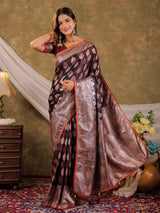 Chocolate Brown Kanjivaram Banarasi Satin Silk Saree with Intricate Silver Zari Weaving, Royal Heritage Pallu & Tassel Detailing