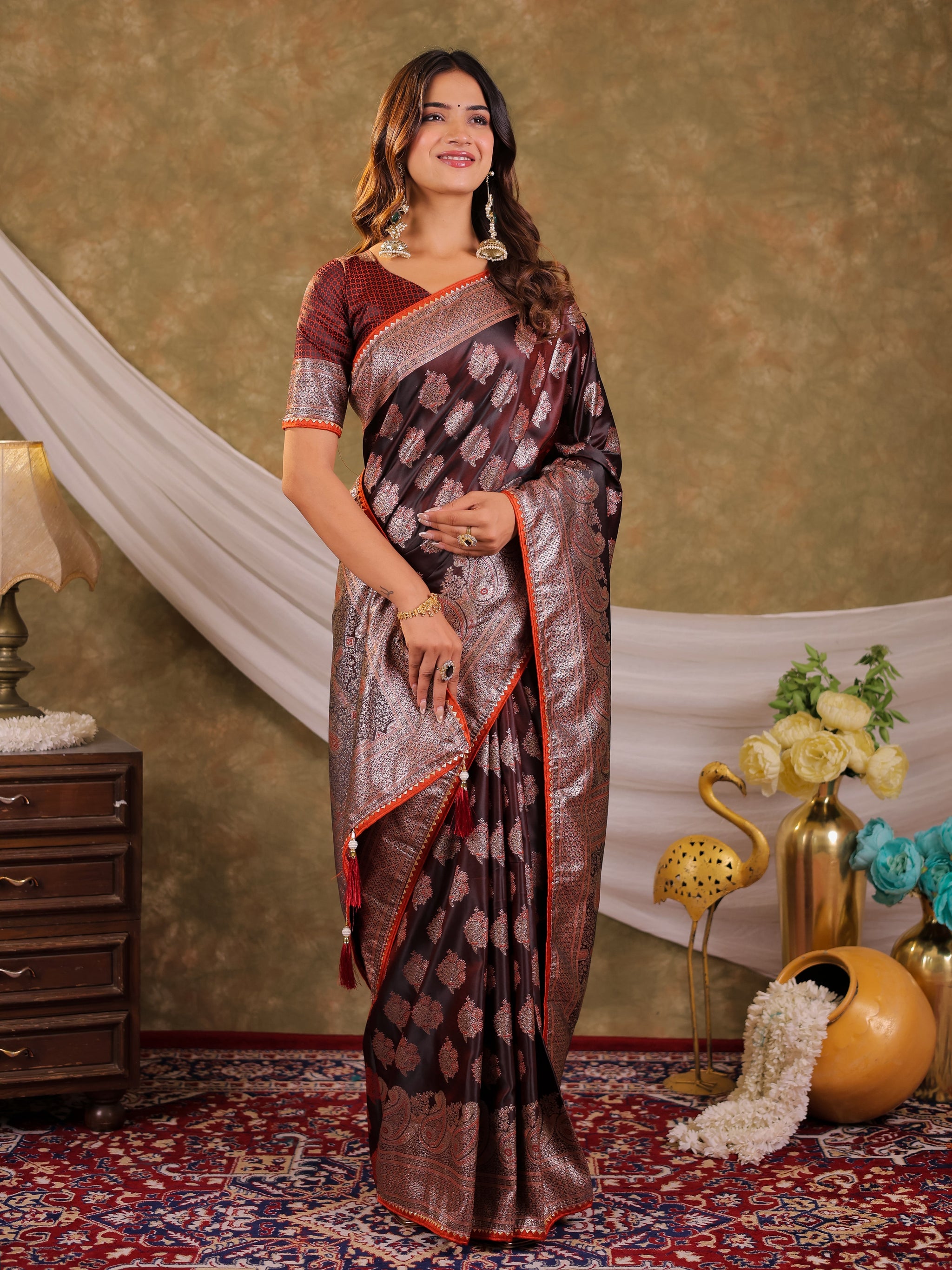 Chocolate Brown Kanjivaram Banarasi Satin Silk Saree with Intricate Silver Zari Weaving, Royal Heritage Pallu & Tassel Detailing