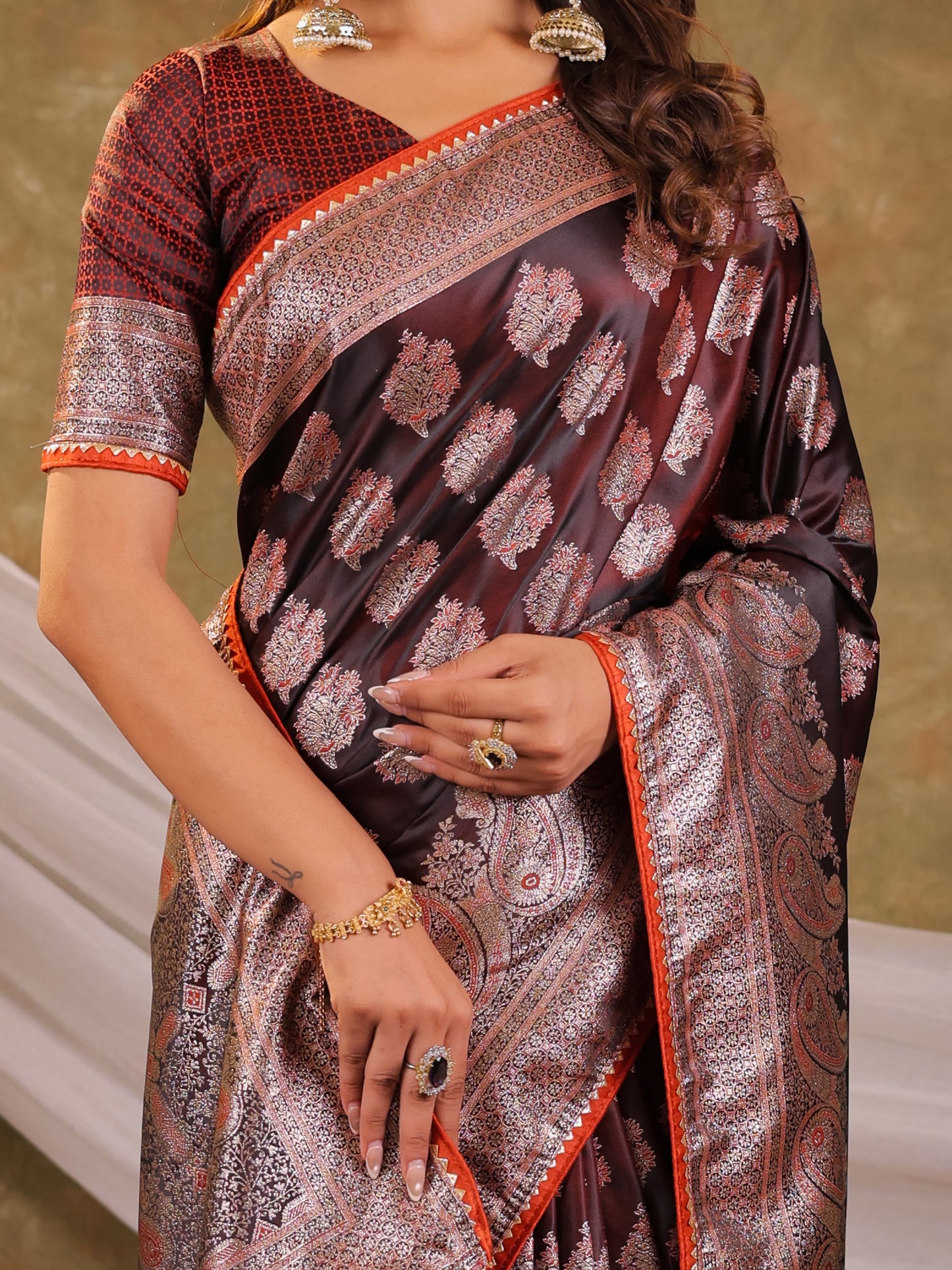 Chocolate Brown Kanjivaram Banarasi Satin Silk Saree with Intricate Silver Zari Weaving, Royal Heritage Pallu & Tassel Detailing
