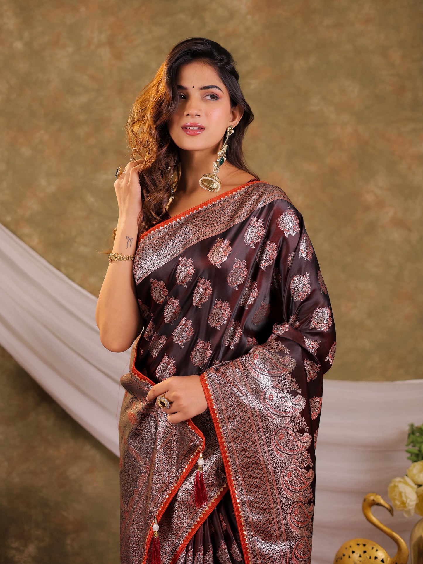 Chocolate Brown Kanjivaram Banarasi Satin Silk Saree with Intricate Silver Zari Weaving, Royal Heritage Pallu & Tassel Detailing