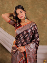 Chocolate Brown Kanjivaram Banarasi Satin Silk Saree with Intricate Silver Zari Weaving, Royal Heritage Pallu & Tassel Detailing
