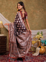 Chocolate Brown Kanjivaram Banarasi Satin Silk Saree with Intricate Silver Zari Weaving, Royal Heritage Pallu & Tassel Detailing