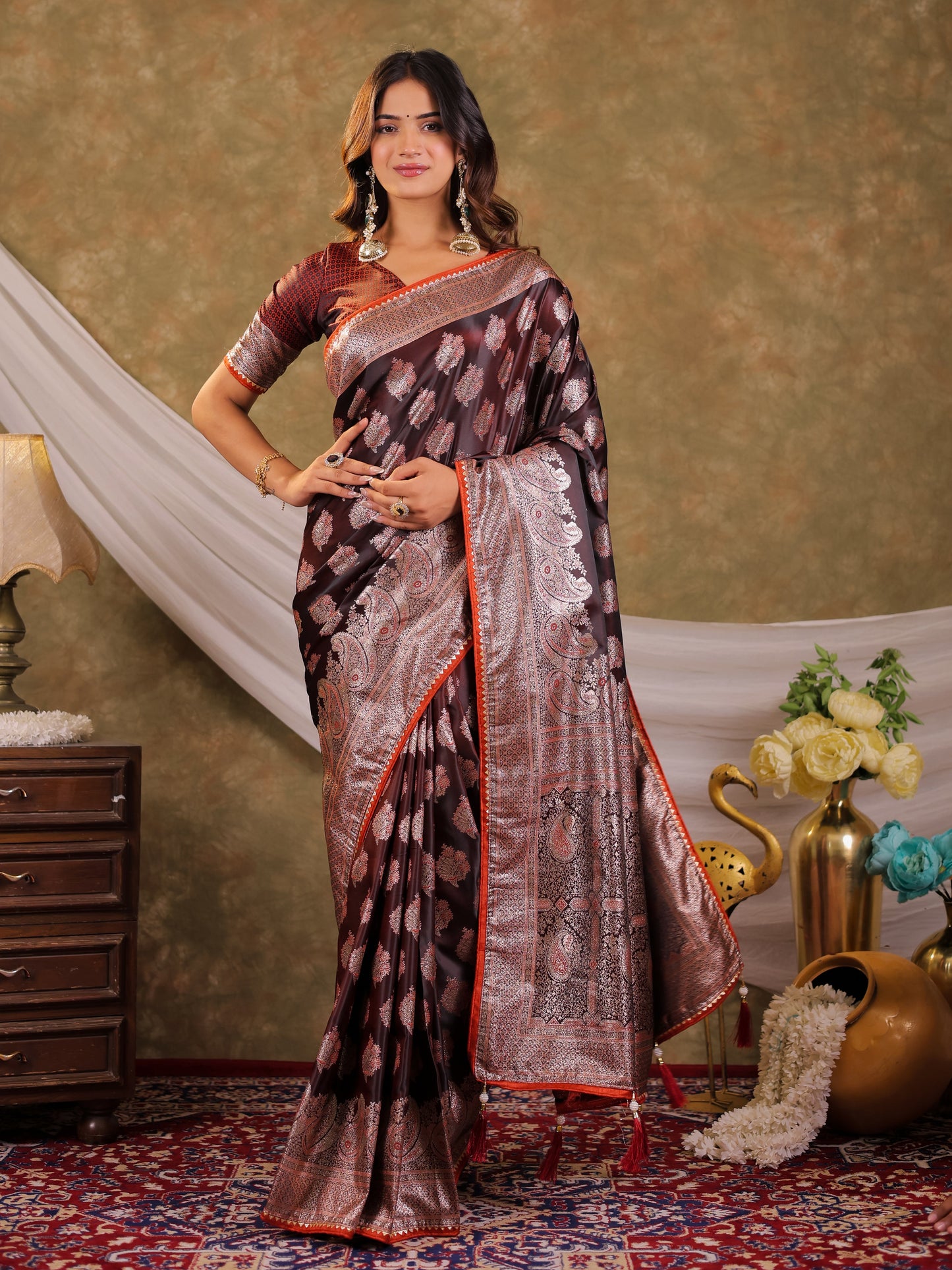 Chocolate Brown Kanjivaram Banarasi Satin Silk Saree with Intricate Silver Zari Weaving, Royal Heritage Pallu & Tassel Detailing