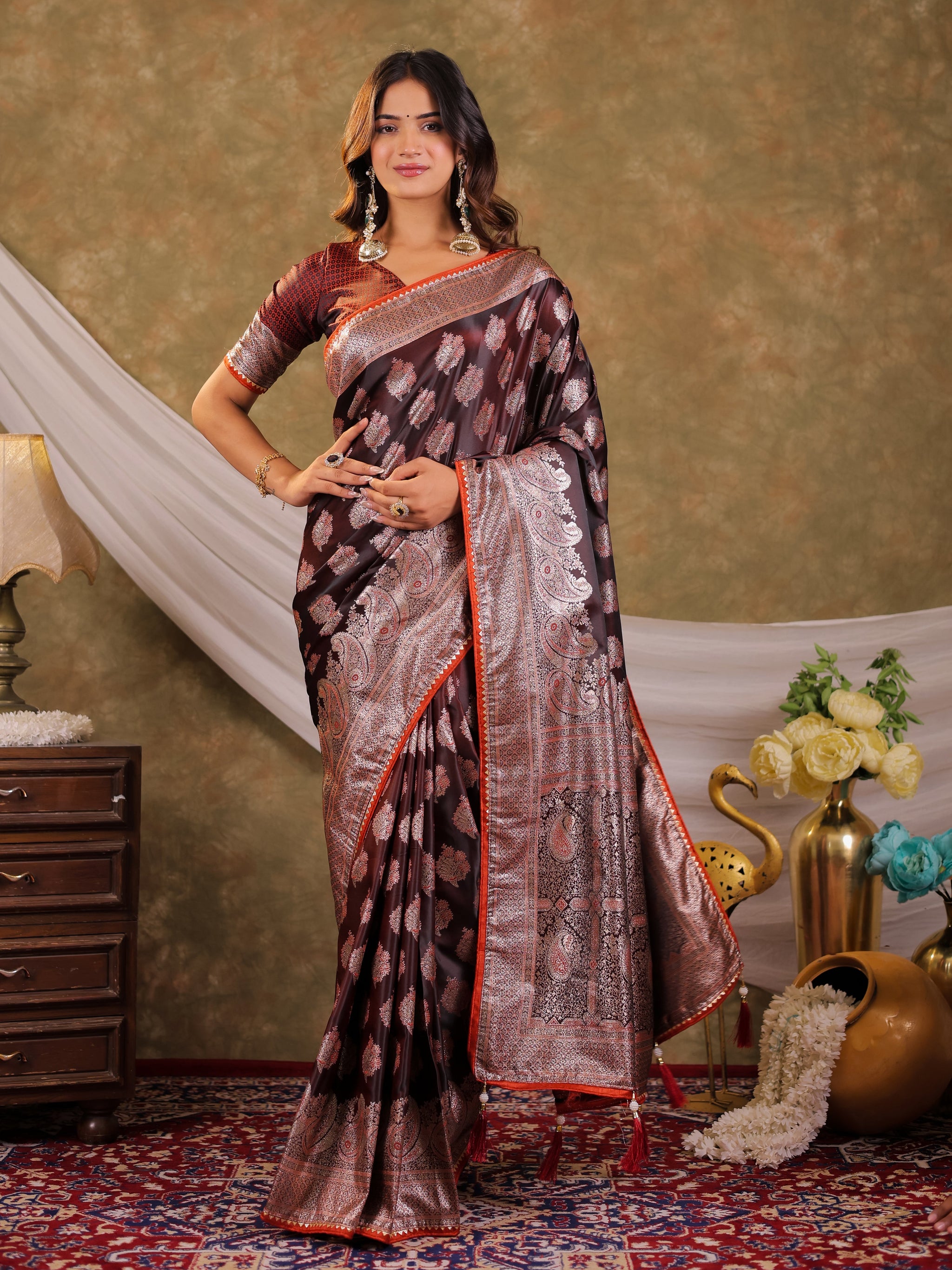 Chocolate Brown Kanjivaram Banarasi Satin Silk Saree with Intricate Silver Zari Weaving, Royal Heritage Pallu & Tassel Detailing