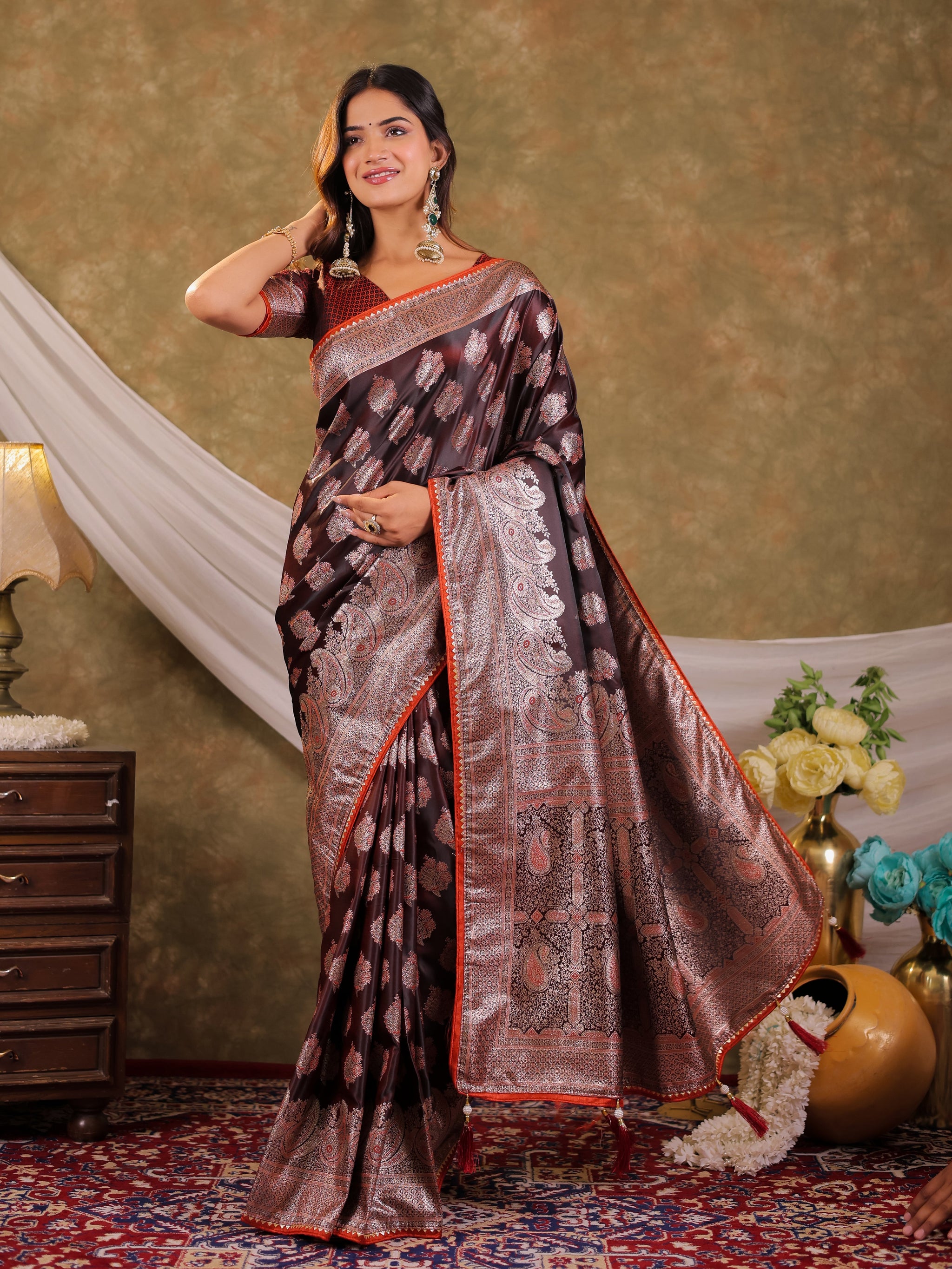 Chocolate Brown Kanjivaram Banarasi Satin Silk Saree with Intricate Silver Zari Weaving, Royal Heritage Pallu & Tassel Detailing