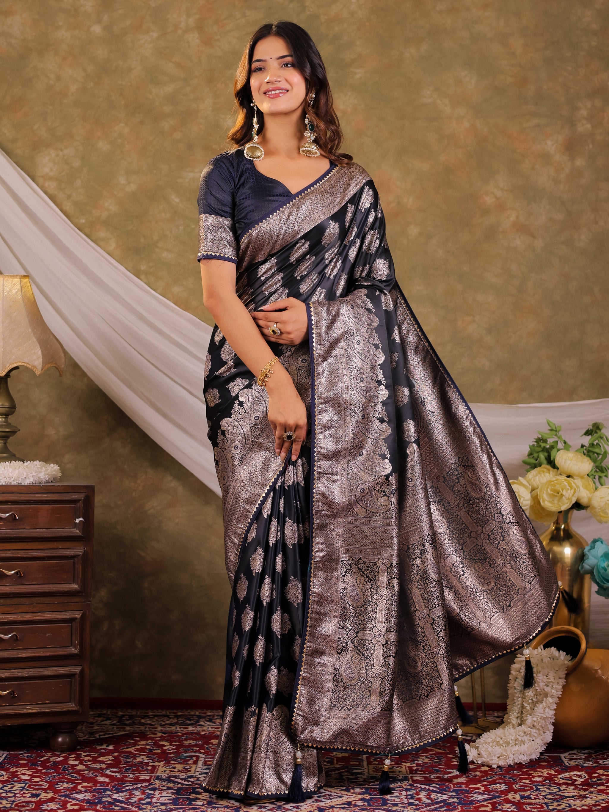 Dark Navy Blue Kanjivaram Banarasi Satin Silk Saree with Intricate Silver Zari Weaving, Royal Heritage Pallu & Tassel Detailing