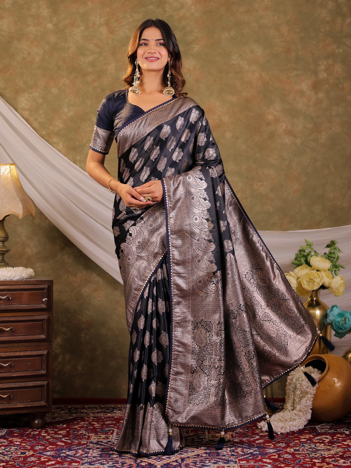 Dark Navy Blue Kanjivaram Banarasi Satin Silk Saree with Intricate Silver Zari Weaving, Royal Heritage Pallu & Tassel Detailing